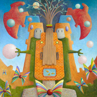 Two surreal figures next to an overhead view of a picnic table and pond that form a configuration of a face. Also included is a number of colorful butterflies with one central one denoting a bowtie.