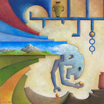 A surreal figure with clouds in his body section is bending over to pickup two balls that belong in a hanging bracket.