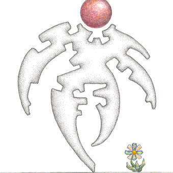 A pen and ink, watercolor surreal figure in a walking position. Ink and dot work for the body and a red watercolor painted sphere represents the head. There is a small flower on the path to the side of the figure.