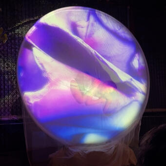 a circular portal with purple shapes. 