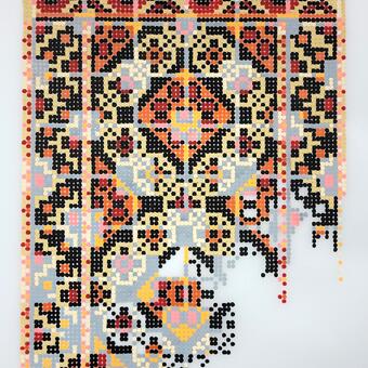 painted dots create a subtle undoing of a traditional embroidery design