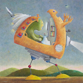 surreal creature driving a mechanical creature on a distant planet