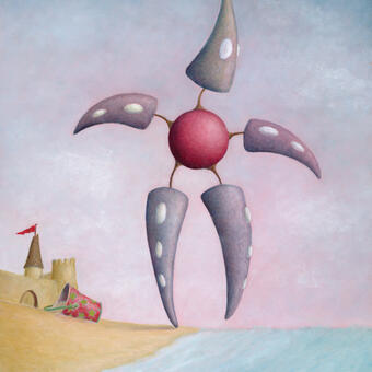 a surreal figure of shapes suggesting a child getting ready to dip his toe in the water to see how cold it is.