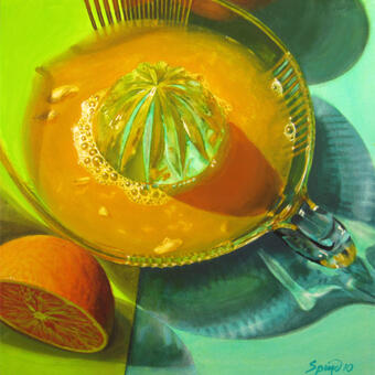 This is a square-formatted painting.  Just off to upper left of center and filling much of the painting is a hand juice squeezer made of glass.  From the center protrudes the large conical shape where the fruit is juiced which is surrounded in a circular trough of bright orange juice. This all sits on an aqua tablecloth.