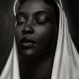 Charcoal portrait of a dark-skinned woman with closed eyes, small curved horns and a glowing circular halo behind the head, draped in a light veil against a dark background.