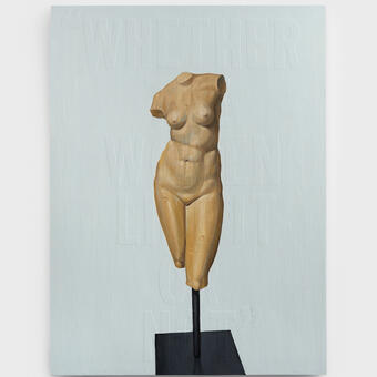 painting of a generic antiquity of a female headless and armless figure on a stand with the words