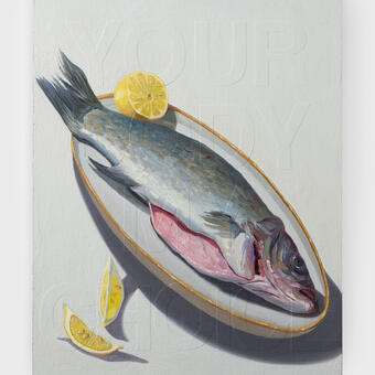 painting of a fish on a plate reminiscent of a 18th c painting but with contemporary manoshpere words under the surface