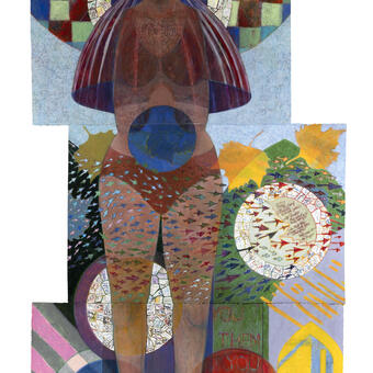 8 foot tall figure surrounded by leaves, pot top and arrows