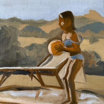 Little girl getting ready to jump back in the pool, holding a yellow ball and backlit by the sun with the hills of Tuscany in the background.