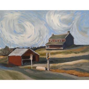 Country home and red barn with a stormy whirly sky