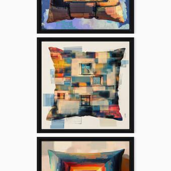 A vertical collage of three framed artworks featuring pillow-shaped forms. The top image shows a soft, square pillow with a window at its center revealing a bright blue sky with clouds, creating a sense of looking outward. The middle image depicts a pillow constructed from layered, abstract blocks of color with small window openings, resembling a fragmented building façade. The bottom image presents a pillow transformed into a deep, concentric tunnel of nested squares in warm and cool tones, drawing the vie