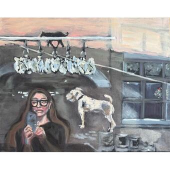 woman in a dreamy reflected world that includes a dog, a horse, a chandleier and a window to the outdoors