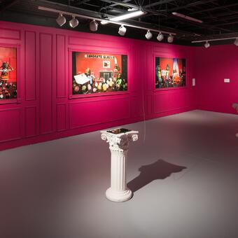 Kids In America Exhibition shot (Pink wall with images)
