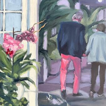 Tender moment with a middle aged son in pink pants and a navy blazer leading his elderly mother home in a tropical interior with orchids and potted palm trees.