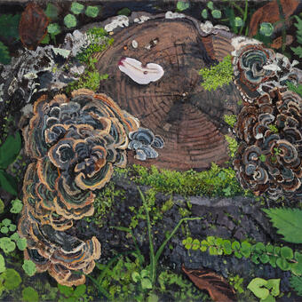 Painting of a tree trunk with fungus