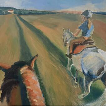 two horses, one white, one chestnut, with a young girl rider each horse in its own path in tall grass riding home to a white house in the distance