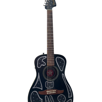 Black acoustic guitar with starry, space-inspired patterns.