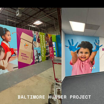 Two murals with images of children learning, playing and eating, surrounded by colorful graphics and text.