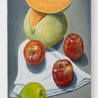 painting of traditional still life of fruit with NIH banned words slightly raised under the surface