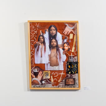 Multimedia collage, the center image is a series of self-portraits of the artist Muse. The background is an oxidized blood red. The image is dotted with sugarcane husk, and other spiritual tools to aid in escape. The words Evade Capture are scrawled on the bottom of the canvas halfway obstructed by the frame. 