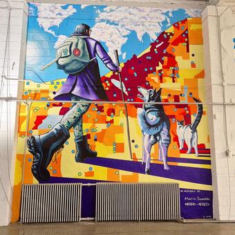 A woman walking on a map with a husky and a cat