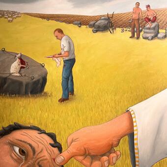 Oil painting.  In the foreground, the hand of God marks Cain's forehead.  In the background, Cain talks to the Devil about murdering Abel.