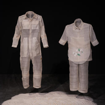 Export Quality (Value Studies: Uniforms). 2023.   Machine embroidered piña cloth, white sand, sugar, pearls, and human teeth.