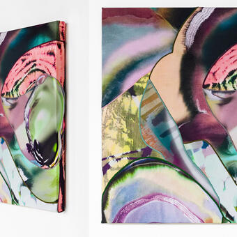 a side view and front facing view of a painting in pinkish tones. 