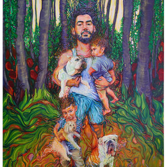 Painting of man in front of trees, holding child and dog in arms with child and dogs at his feet. 