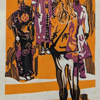 reduction block print of woman looking at mannequins