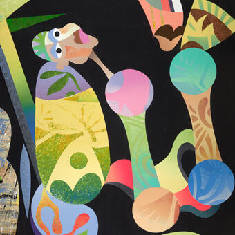 Using a variety of fluid shapes and colors, this piece depicts an African drummer speaking to the community using his instrument.