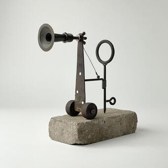 Found objects, metal parts, salvaged hardware, brick.