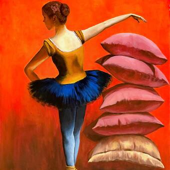 A vibrant, surreal painting of a ballerina standing en pointe with her back to the viewer, one arm gracefully extended. She wears a golden bodice and a deep blue tutu against a glowing red-orange background. Beside her, a tall stack of pink and beige pillows rises like a sculptural column, echoing the dancer’s balance, poise, and quiet tension between strength and softness.