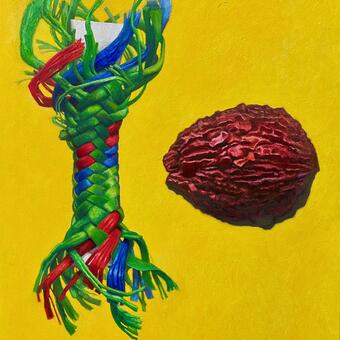 Bright yellow panting of a nut and unraveling rope