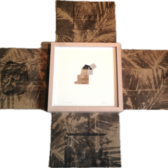 This 36" square mixed media collage is a proposal for 9'square wall or floor installation with found objects.