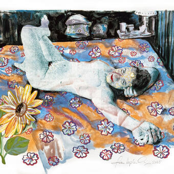artwork of nude woman on bed