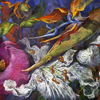 Color-rich pastel artwork depicting lilies in various stages of bloom, with flowing, intertwined forms and dynamic movement suggesting a rhythmic dance. The composition emphasizes organic curves, layered petals, and vibrant hues that convey growth, transformation, and resilience in nature.