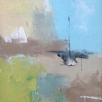 Abstract oil painting, blues and greens.