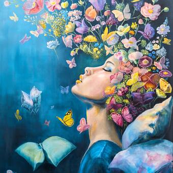 A surreal, colorful painting of a woman in profile with her eyes closed, her head tilted upward in a peaceful, dreamlike pose. Flowers and butterflies burst from her hair like a blooming garden, floating into a deep blue background. Soft pillows drift around her, enhancing the sense of lightness, imagination, and emotional release.