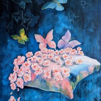 A surreal painting of a soft, pillow-like form floating against a deep blue background. Pale pink blossoms cascade across the cushion’s surface and spill downward, while delicate butterflies in shades of blue, pink, lavender, and green hover above. Faint butterfly silhouettes and gentle paint drips add a dreamy, nighttime atmosphere, suggesting themes of tenderness, transformation, and quiet calm.