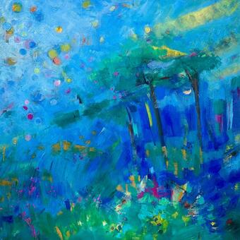 Pines, oil on canvas. Trees and blue sky. 