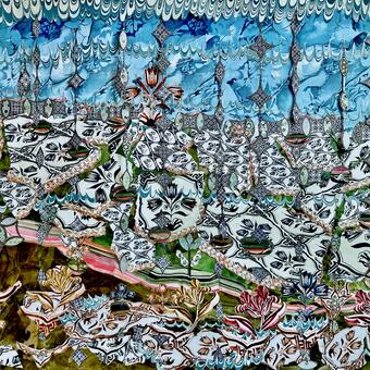 Broken tulip-patterned Delft tiles allude to recent Dutch initiatives urging residents to remove paving stones from their gardens,