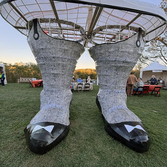 image of large human legs in black pointy shoes with bows. There is a white skirt like structure.