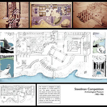 Multiple images describing the design of an Archeological Museum