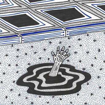 Abstract drawing of a patterned hand reaching upward from a black puddle beneath a tiled surface, surrounded by dense dots and star-like marks