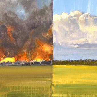 Horizontal landscape with a vertical section from another time