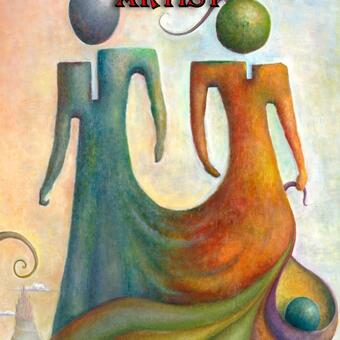 Two surreal figures standing side by side with a castle on a mountain in the far background