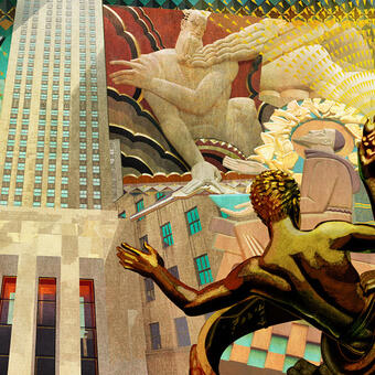 A painted composition representing the historic public art collection of Rockefeller Center 