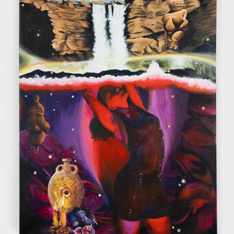 The bottom half of the painting shows a woman bathed in red and purple light dancing. A venus figurine, vases, candles and fruit are in a still life in the corner. Above her is a waterfall, with a subtle rainbow and another venus figurine.