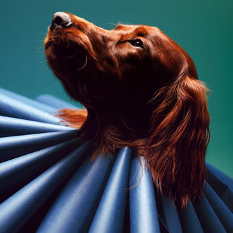 portrait of an Irish Setter dog wearing a blue Elizabethan style ruff collar